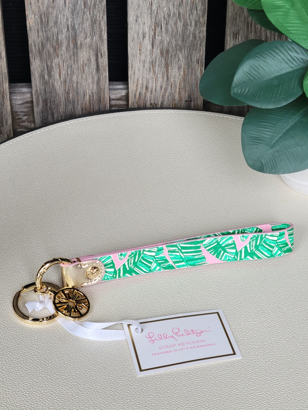 Lilly Pulitzer Pink & Green Palm Leaf Wristlet Keychain with Gold Hardware